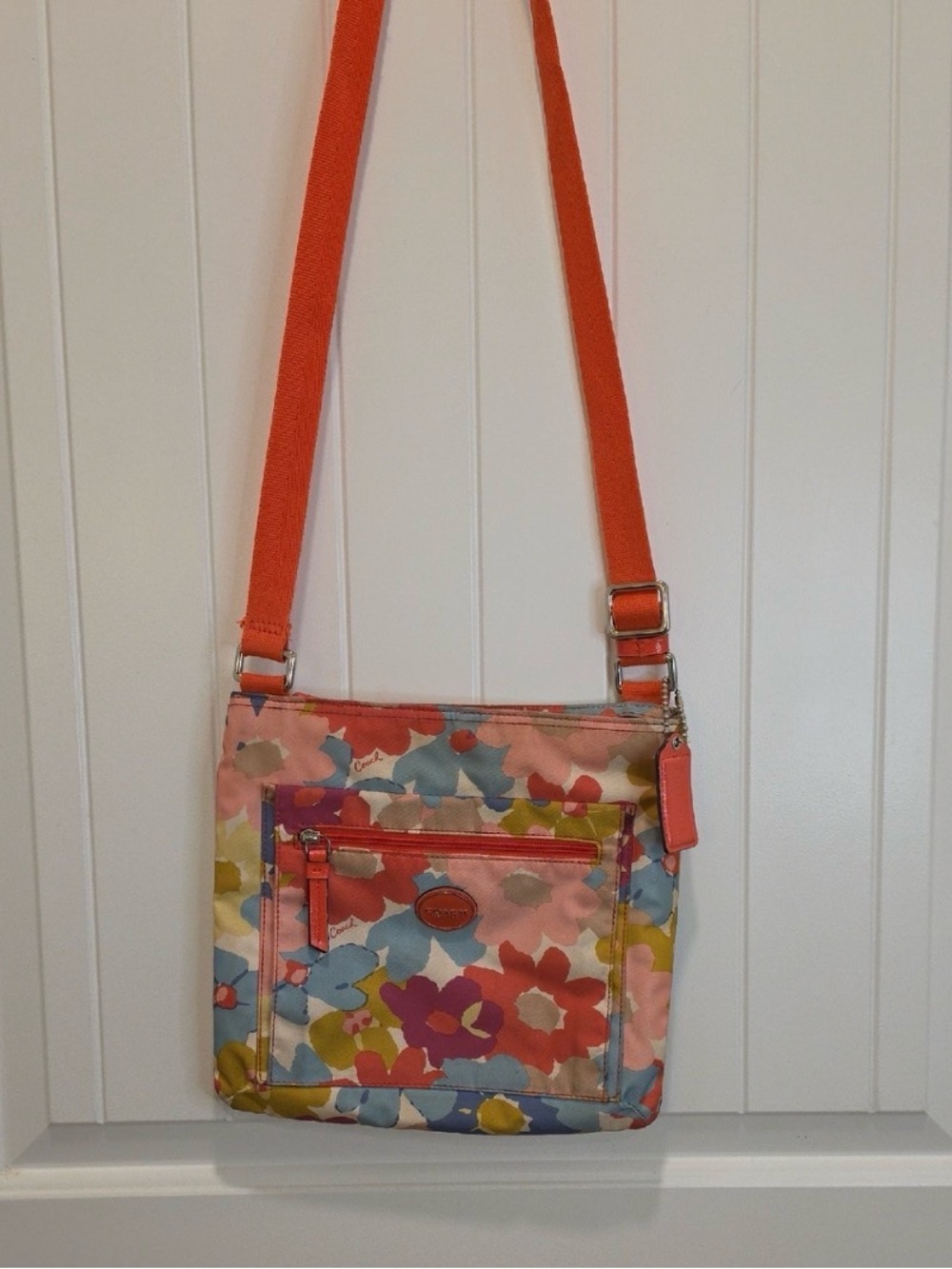 Coach Floral Crossbody Bag with Coral Strap